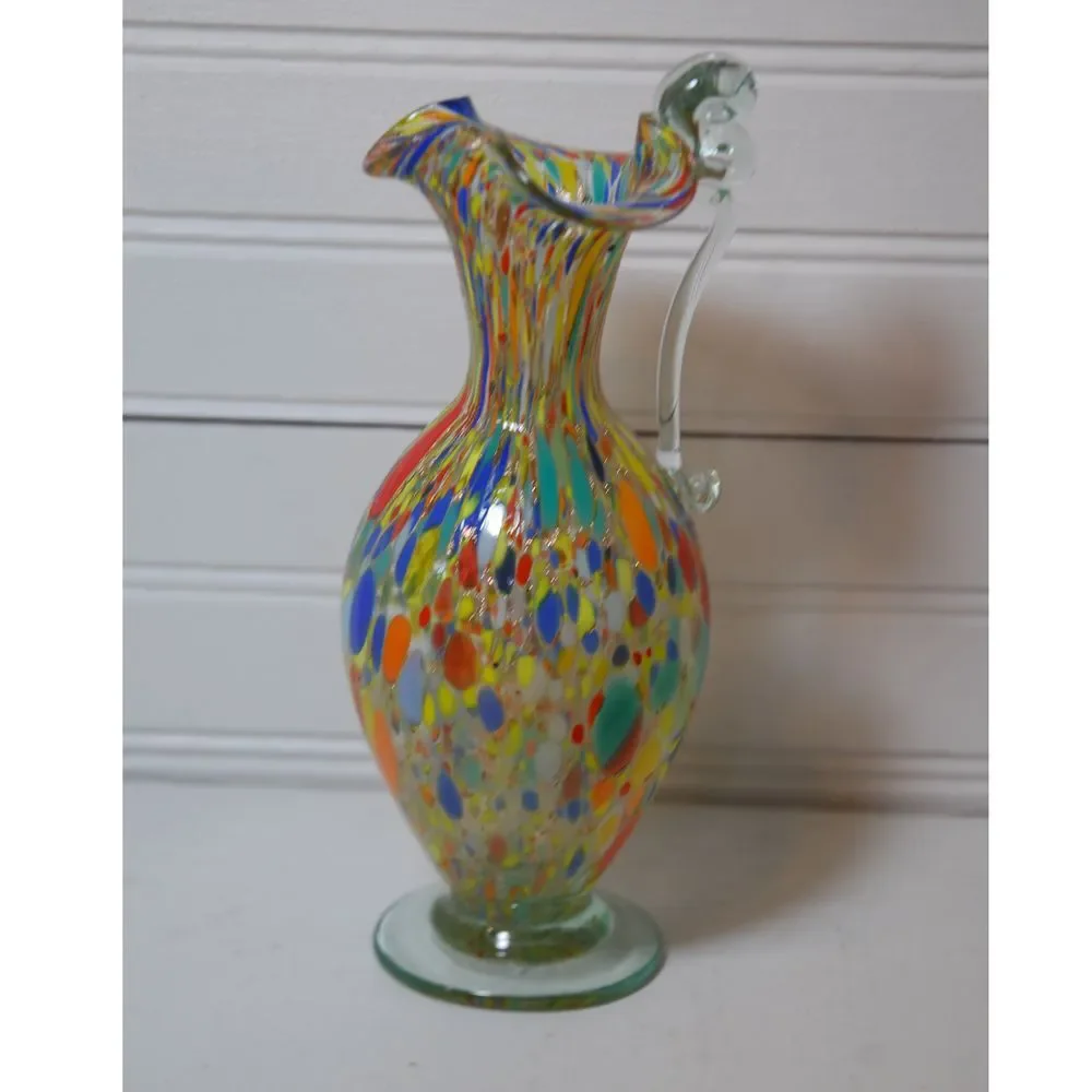 Vintage Carnival Pitcher Hurricane glass small‎ vase handle Speckled Confetti